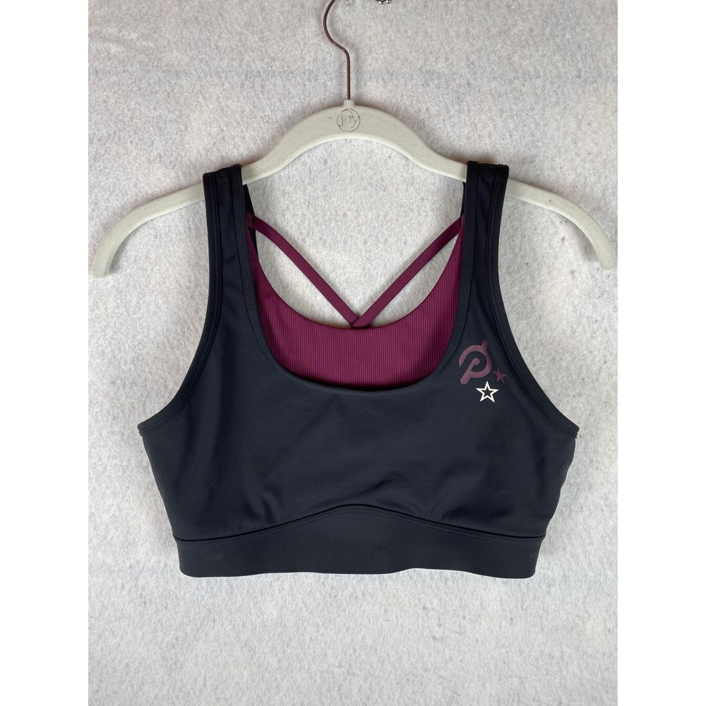 Peloton Womens Double Layer Racerback Sports Bra Black Burgundy Star Logo Size S